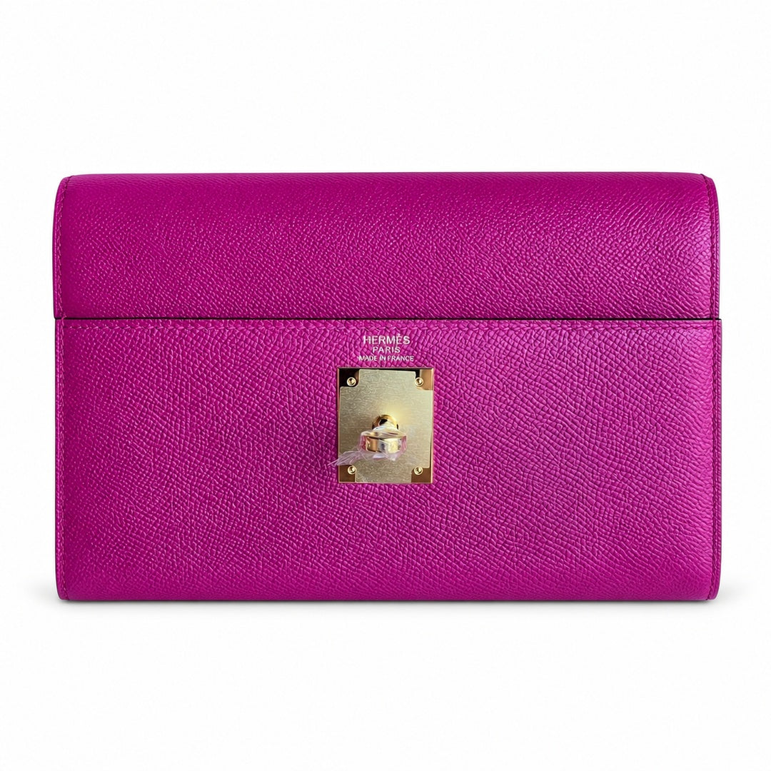Kelly 28 L3 Rose Purple Epsom Gold Buckle, handmade with wax thread — Streamlined Top-Handle Handbag