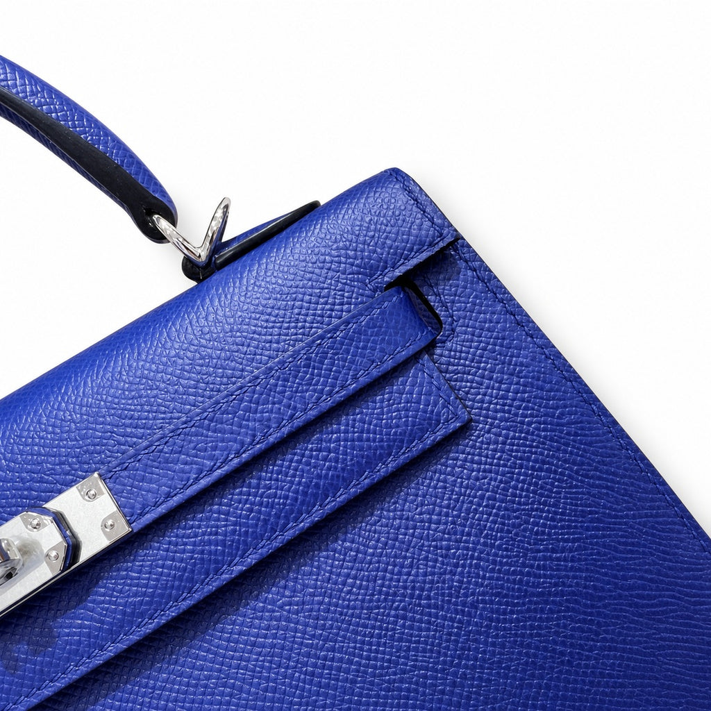 Kelly 25cm Epsom Leather 7T BlueElectric electric blue top handcraft — Elegant Structured Carry Style