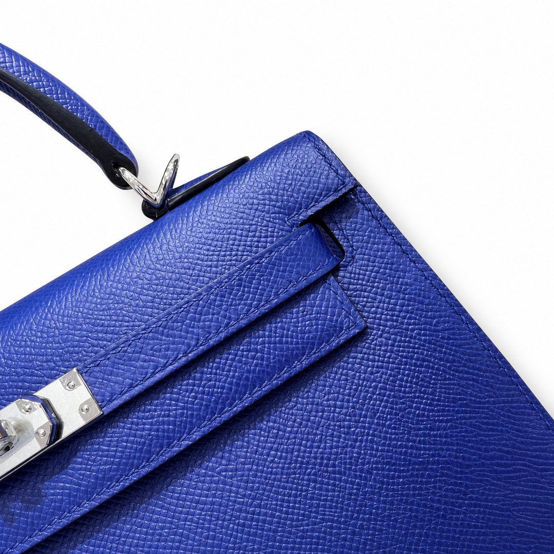 Kelly 25cm Epsom Leather 7T BlueElectric electric blue top handcraft — Elegant Structured Carry Style
