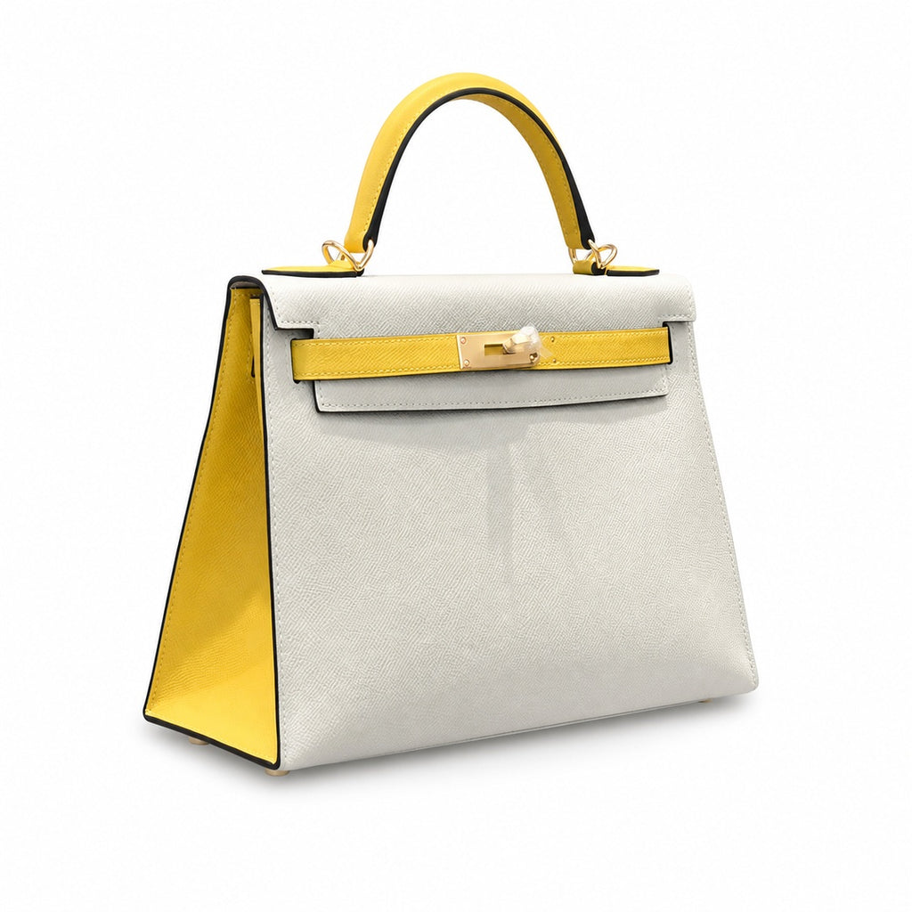 Kelly 28cm Epsom Leather S2 Trench Windbreaker Gray and 9D Jaune Amber Top Handmade — Versatile Structured Bag