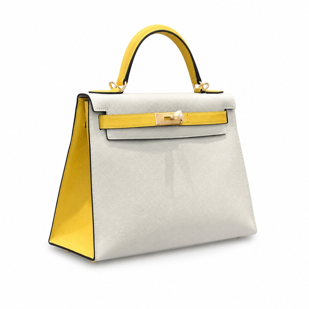Kelly 28cm Epsom Leather S2 Trench Windbreaker Gray and 9D Jaune Amber Top Handmade — Versatile Structured Bag