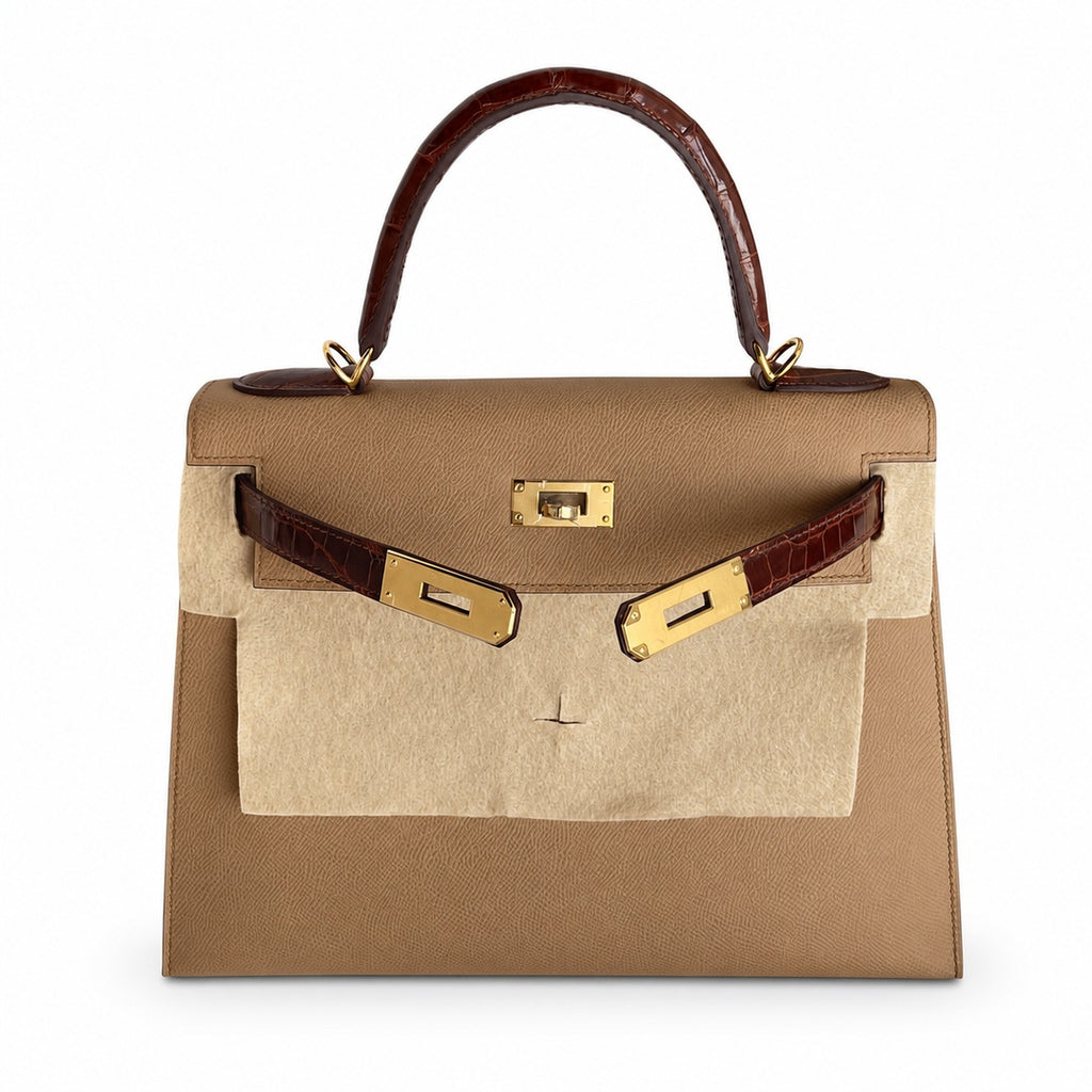 Kelly 28 Milk tea color with honey brown, Epsom with American color, Gold Buckle, hand sewing — Elegant Structured Carry Style