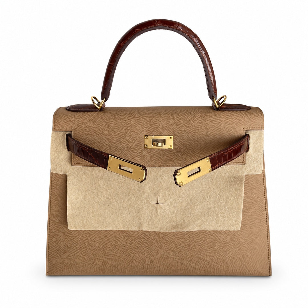 Kelly 28 Milk tea color with honey brown, Epsom with American color, Gold Buckle, hand sewing — Elegant Structured Carry Style