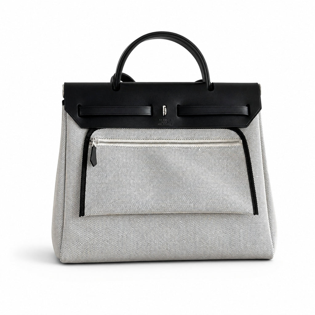 Herbag 31cm Saddle-Inspired Canvas Body with Leather Handle and Shoulder Strap — Refined Canvas Body with Leather Details
