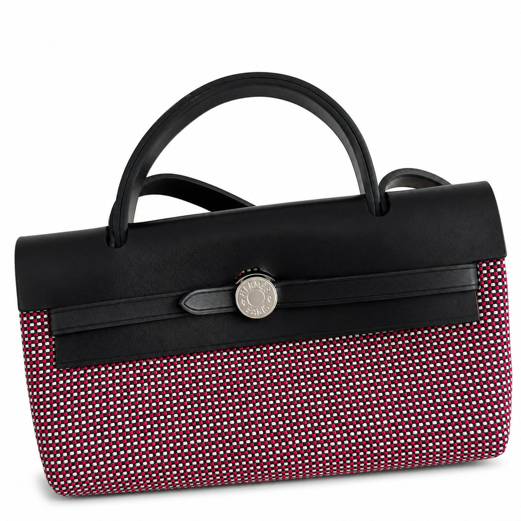 Herbag 31cm Saddle-Inspired Canvas Body with Leather Handle and Shoulder Strap — Distinctive Leather-Trimmed Canvas Design