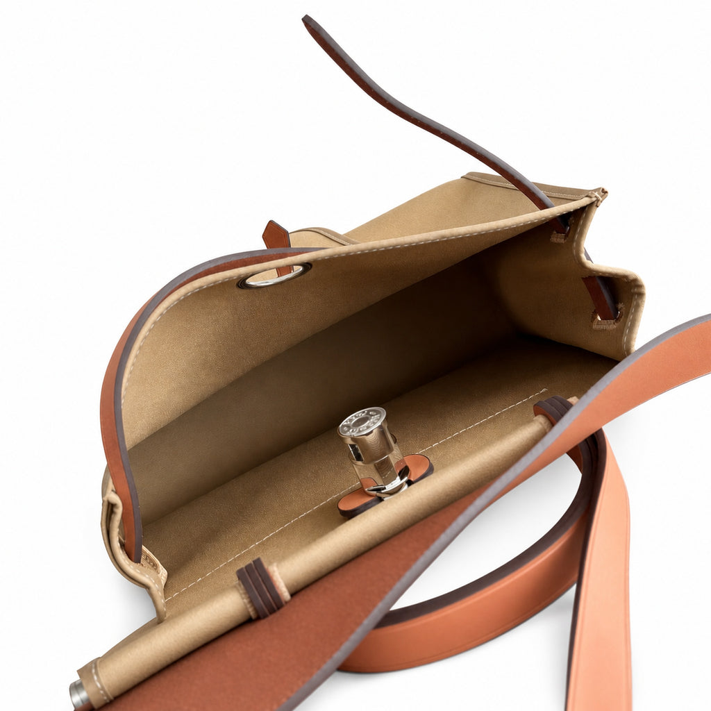 Herbag 31cm Saddle-Inspired Canvas Body with Leather Handle and Shoulder Strap — Polished Canvas-and-Leather Handbag