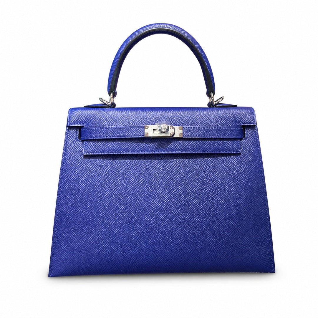 Kelly 25cm Epsom Leather 7T BlueElectric electric blue top handcraft — Elegant Structured Carry Style