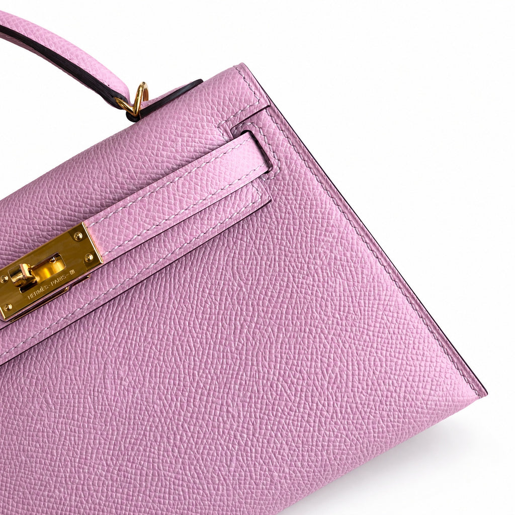 handmade Mini Kelly II 19cm imported Epsom Leather, malva purple, Gold Buckle — Polished Compact Handbag