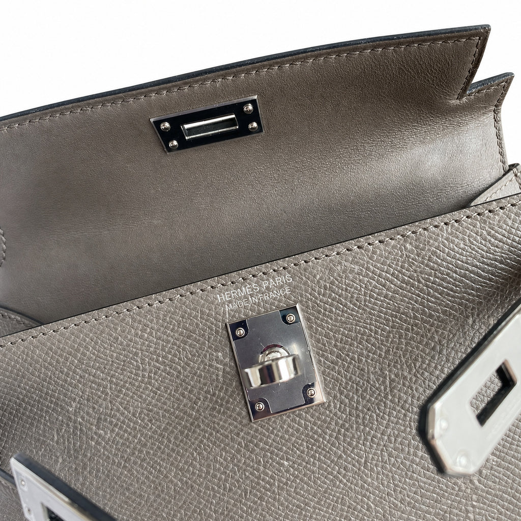 handmade Mini Kelly II 19cm imported Epsom Leather pewter gray Silver Buckle — Refined Mini Handbag