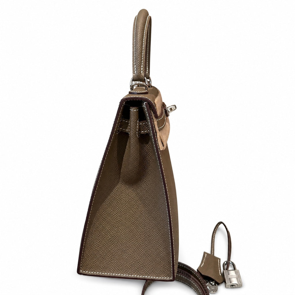 Kelly 25cm in Elephant Gray Epsom Leather with Silver Buckle Handmade — Distinctive Hand-Carry Bag