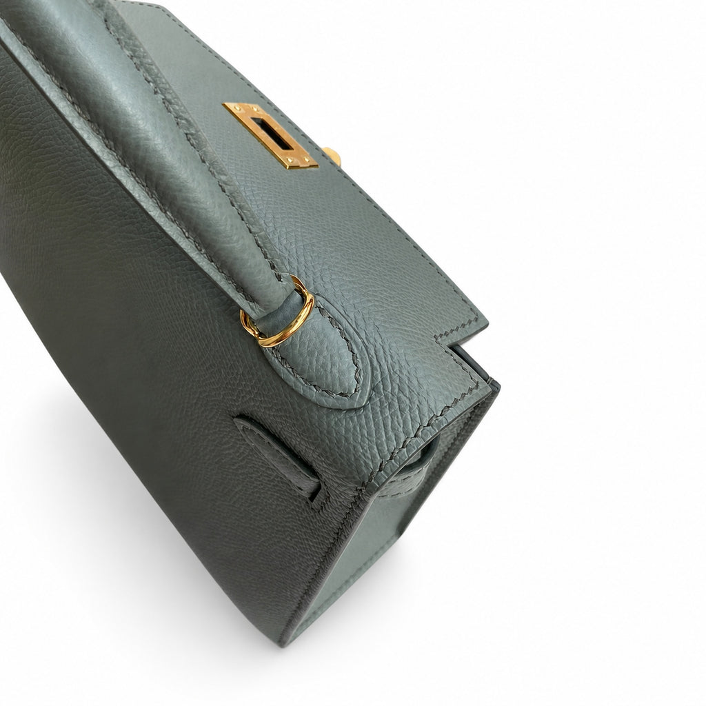handmade Mini Kelly II 19cm imported Epsom Leather almond green Gold Buckle — Elegant Compact Carry Style