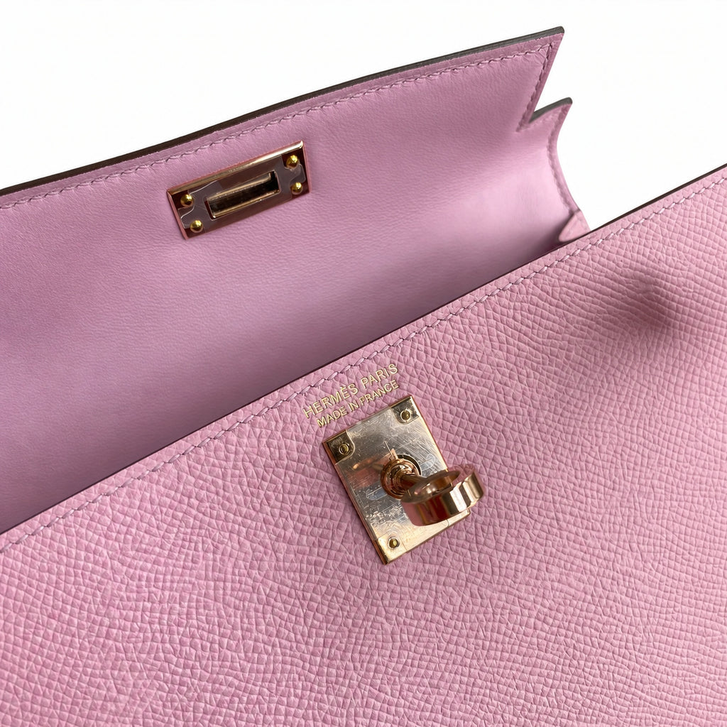 handmade Mini Kelly II 19cm imported Epsom Leather, malva purple, Rose Gold Buckle — Sophisticated Small-Scale Bag