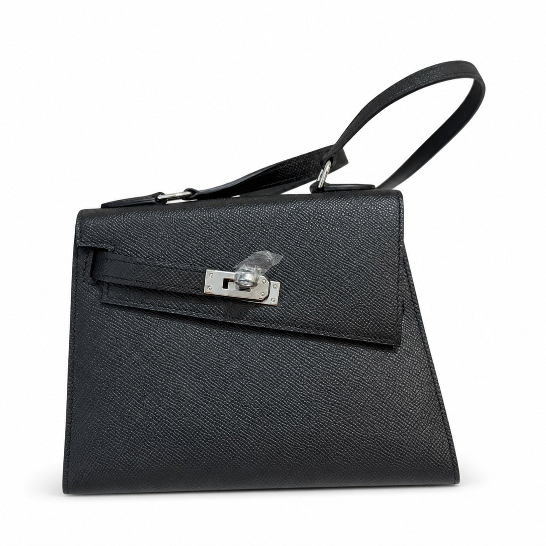 Kelly Double-Sided Epsom Leather in Black with Silver Buckle — Elegant Structured Carry Style
