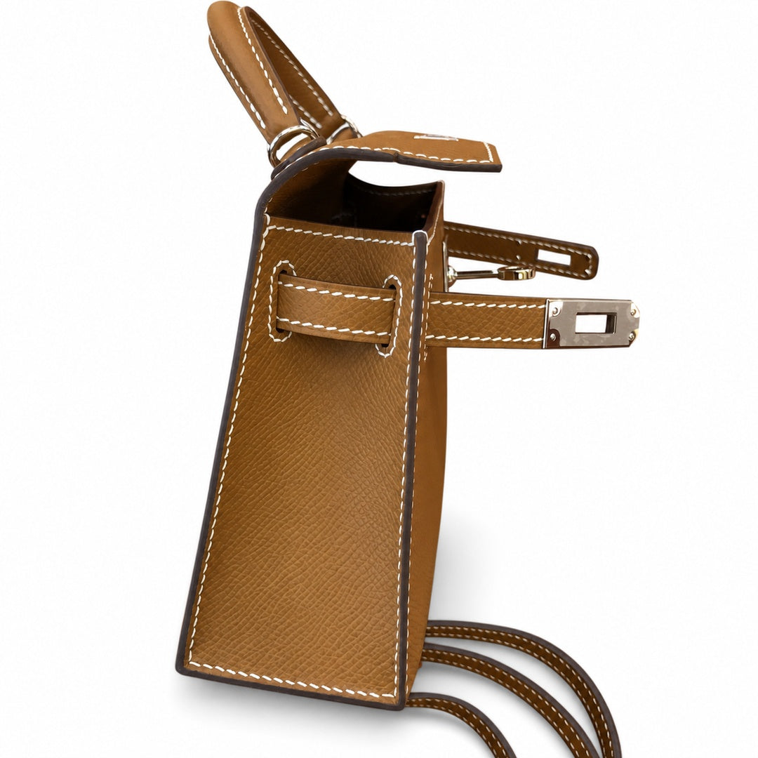 handmade Second generation Kelly 19cm imported Epsom Leather earthy yellow Gold and Silver Buckle — Sophisticated Small-Scale Bag
