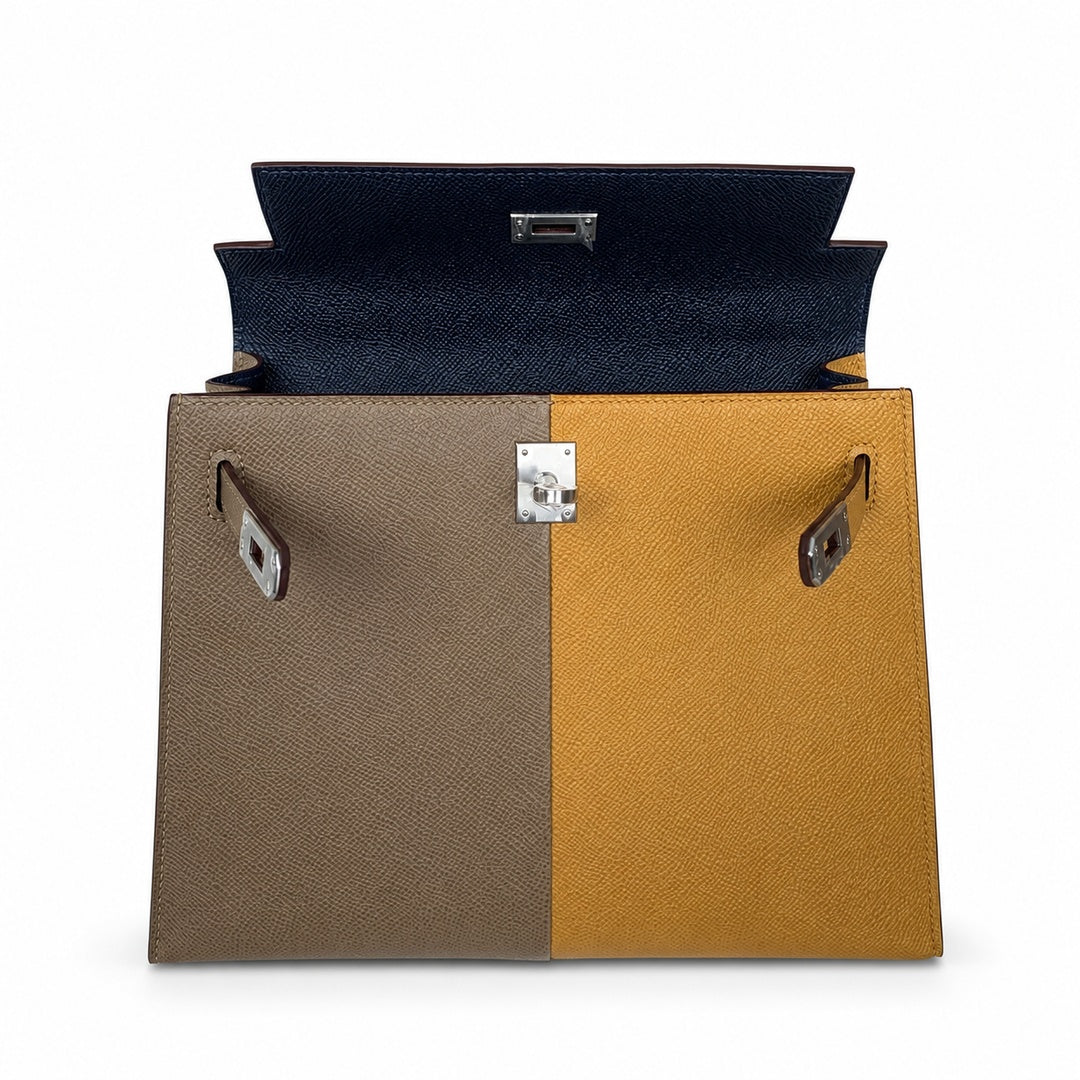Kelly in Blue Epsom Leather with Silver Buckle Handmade — Polished Structured Handbag
