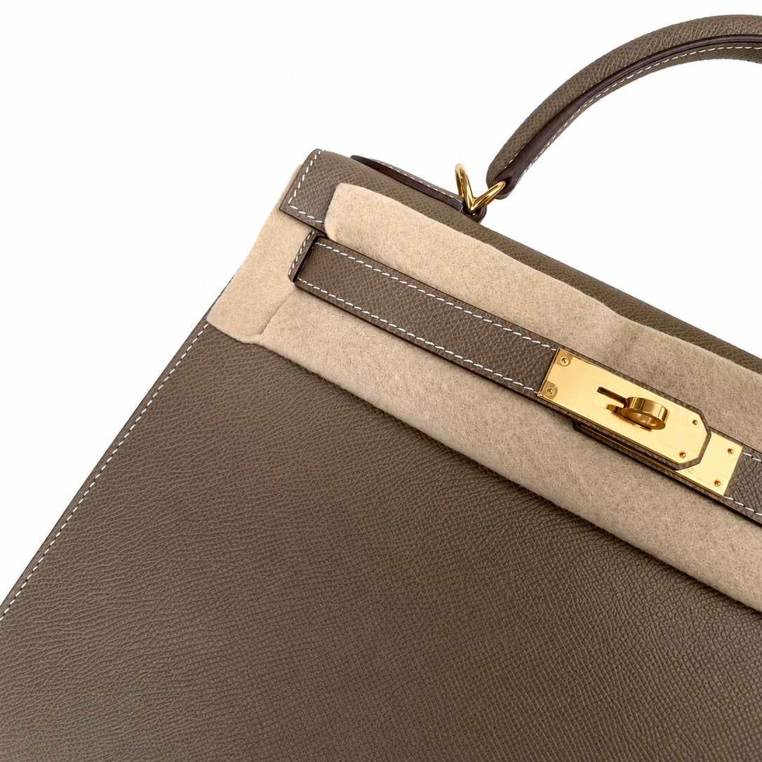 Kelly 28cm Gold Buckle (Gold) Epsom 18 Elephant Gray Etoupe handmade — Classic Hand-Carry Silhouette