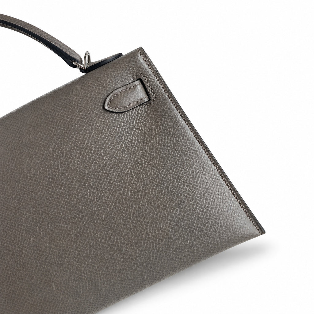 handmade Mini Kelly II 19cm imported Epsom Leather pewter gray Silver Buckle — Refined Mini Handbag