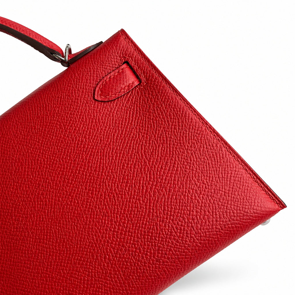 handmade Mini Kelly II 19cm imported Epsom Leather flag Red Silver Buckle — Small Structured Carry Style