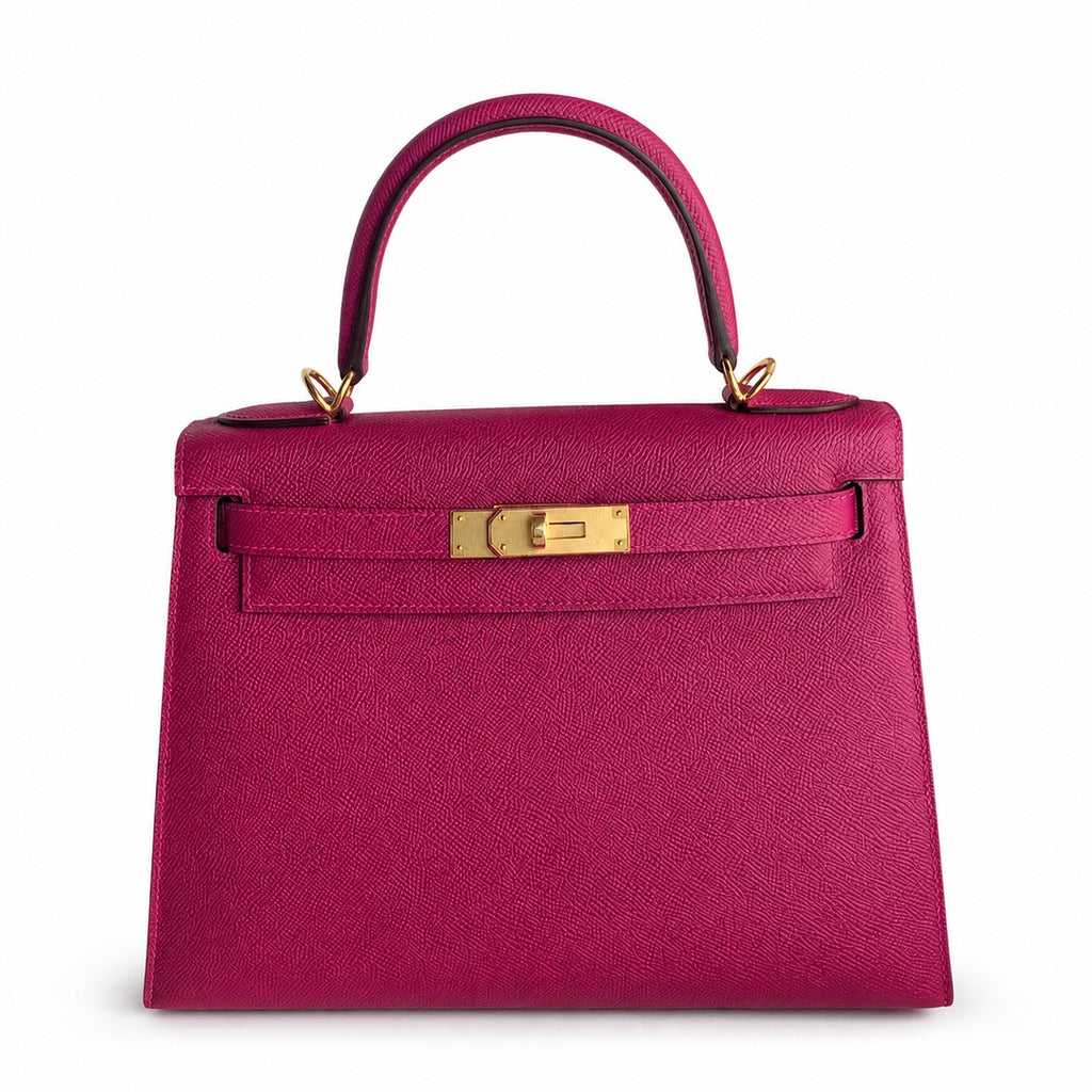 Kelly 28 L3 Rose Purple Epsom Gold Buckle, handmade with wax thread — Streamlined Top-Handle Handbag