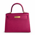 Kelly 28 L3 Rose Purple Epsom Gold Buckle, handmade with wax thread — Streamlined Top-Handle Handbag