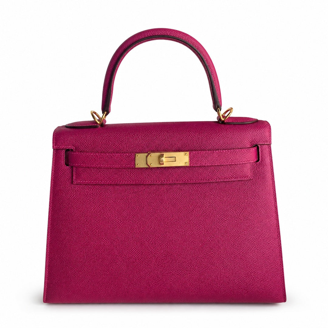Kelly 28 L3 Rose Purple Epsom Gold Buckle, handmade with wax thread — Streamlined Top-Handle Handbag