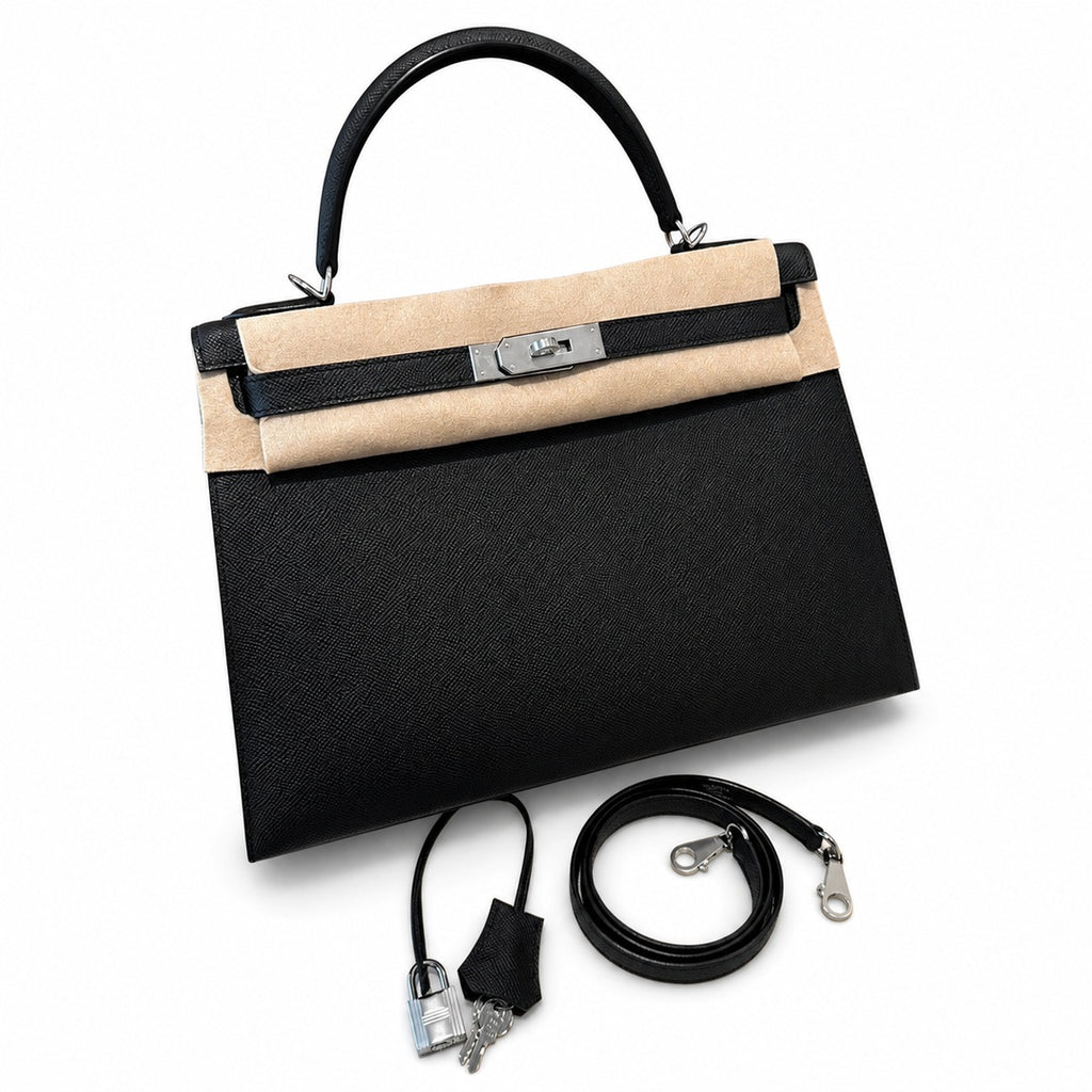 Kelly 32cm in Black Epsom Leather with Silver Buckle Handmade — Timeless Top-Handle Design