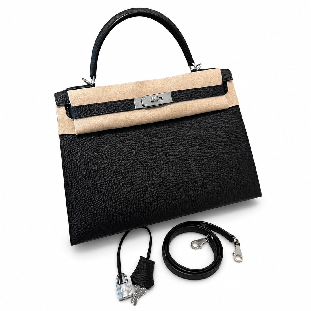 Kelly 32cm in Black Epsom Leather with Silver Buckle Handmade — Timeless Top-Handle Design