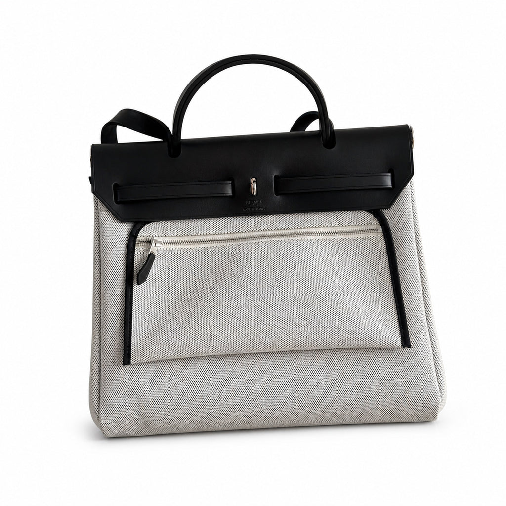 Herbag 31cm Saddle-Inspired Canvas Body with Leather Handle and Shoulder Strap — Versatile Leather-Trimmed Canvas Bag