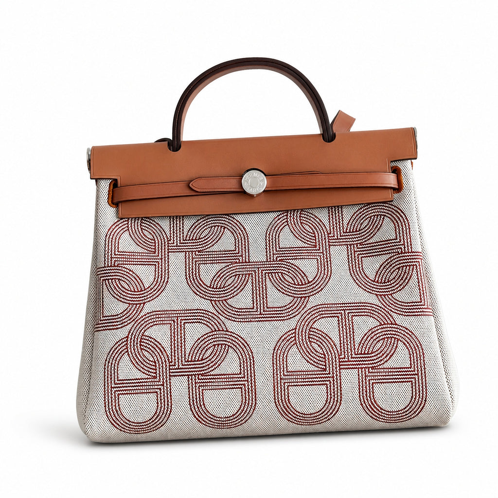 Canvas Body, Leather Handle and Shoulder Strap: Herbag 31cm Saddle-Inspired Canvas Body with Leather Handle and Shoulder Strap