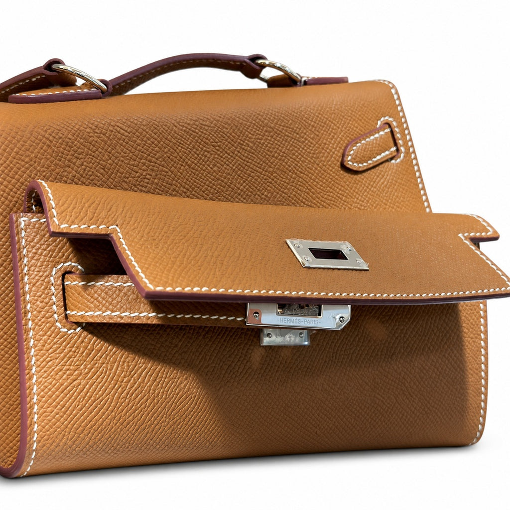 Kelly Double-Sided Epsom Leather in Gold Brown with Silver Buckle — Refined Reversible Carry Design