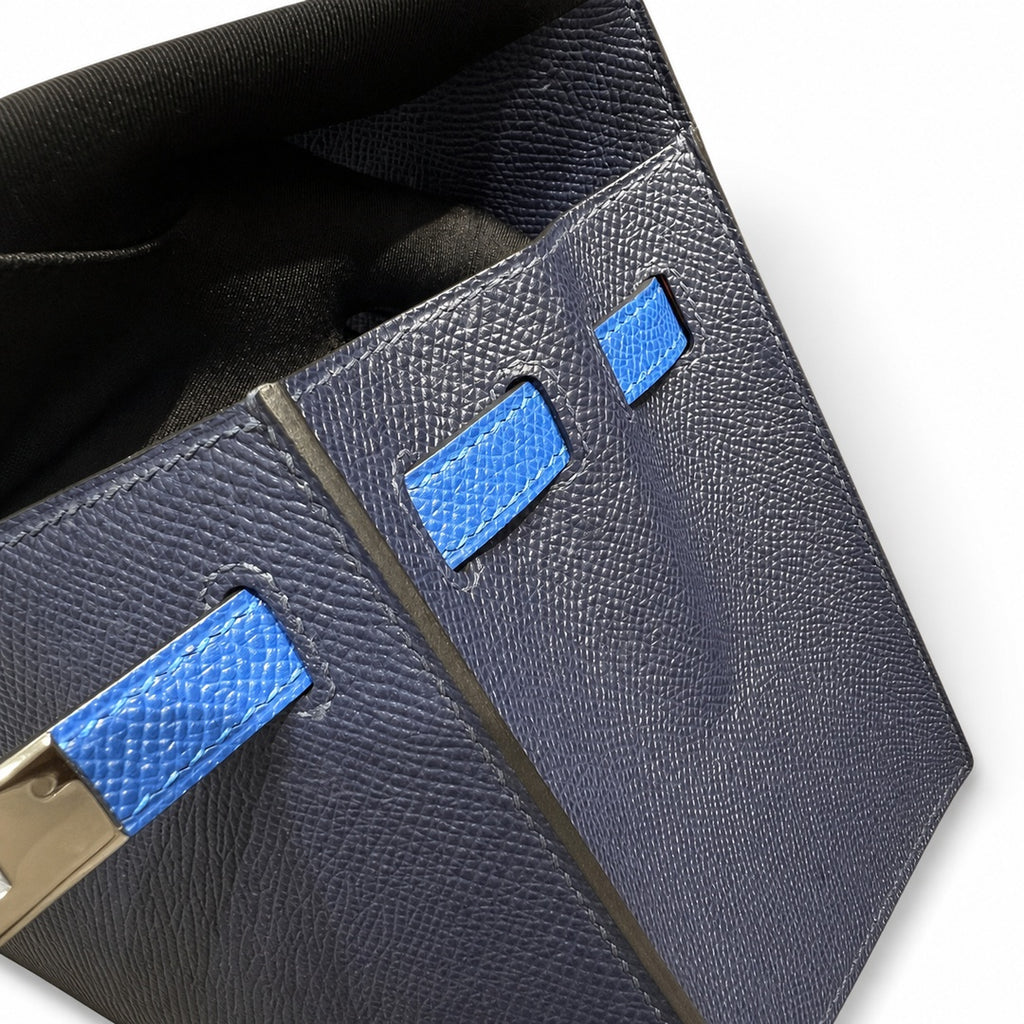 Kelly 25cm Epsom Leather 2Z Blue Nuit Midnight Blue with 89 Noir Black with 71 Bleu France French blue top handcraft — Structured Top-Handle Handbag