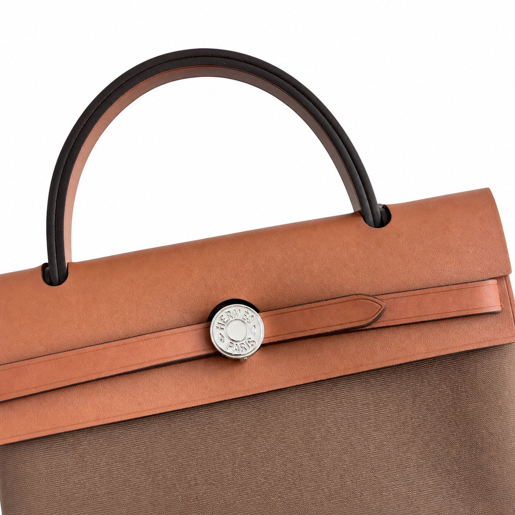 Herbag 31cm Saddle-Inspired Canvas Body with Leather Handle and Shoulder Strap — Distinctive Canvas Carry Style