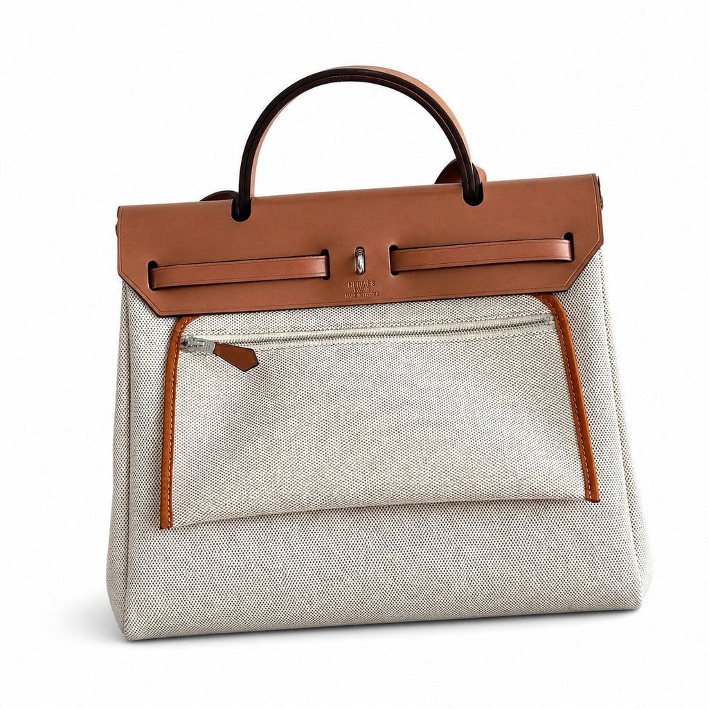 Polished Canvas-and-Leather Shoulder Style: Herbag 31cm Saddle-Inspired Canvas Body with Leather Handle and Shoulder Strap