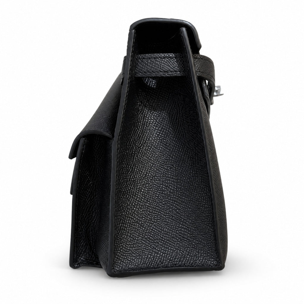 Kelly Double-Sided Epsom Leather in Black with Silver Buckle — Elegant Structured Carry Style