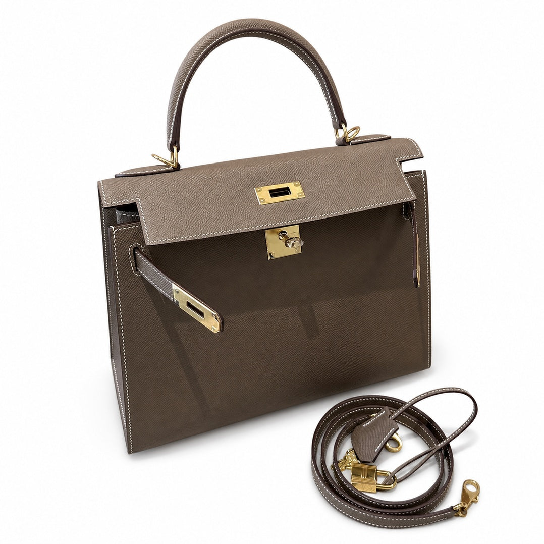 Kelly 28cm in Elephant Gray Epsom Leather with Gold Buckle Handmade — Versatile Structured Bag