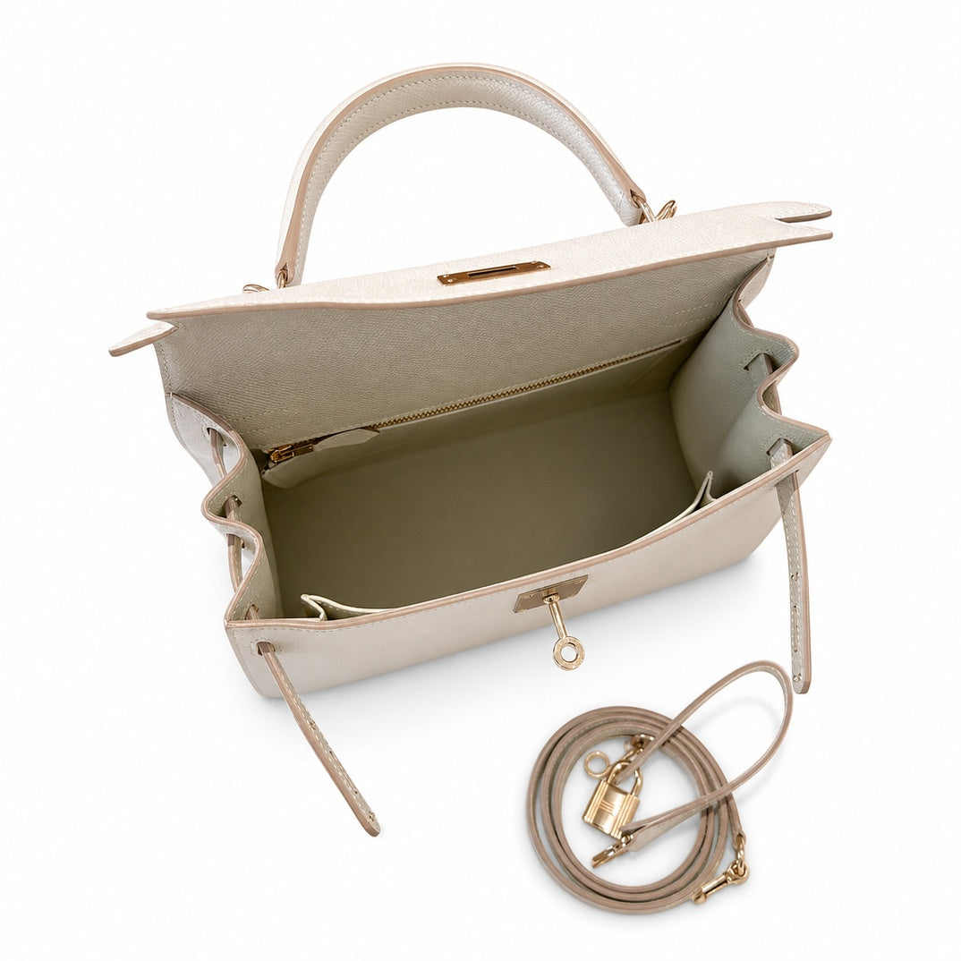 Kelly 28cm in Milkshake White Epsom Leather with Rose Gold Buckle Handmade — Polished Structured Handbag