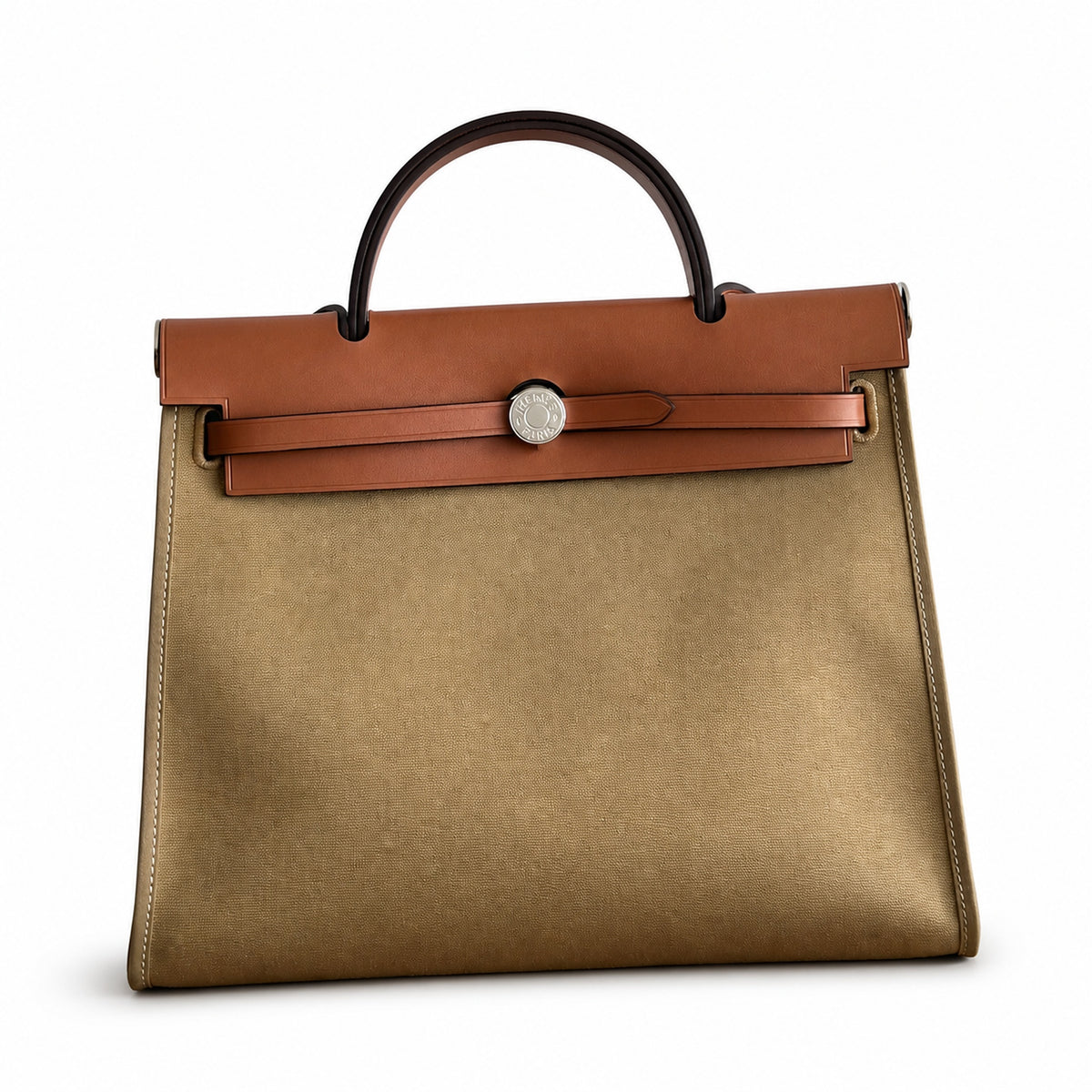 Herbag 31cm Saddle-Inspired Canvas Body with Leather Handle and Shoulder Strap — Polished Canvas-and-Leather Handbag