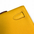 Slim Evening Clutch: Kelly cut clutch, evening bag, Epsom Leather, wax thread hand-sewing, amber yellow, Gold Buckle