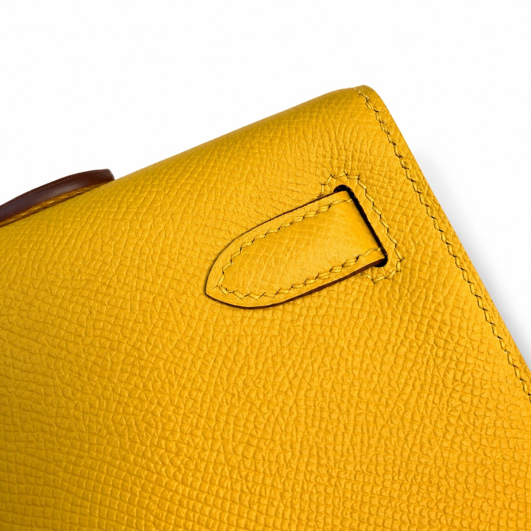 Slim Evening Clutch: Kelly cut clutch, evening bag, Epsom Leather, wax thread hand-sewing, amber yellow, Gold Buckle