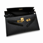 Kelly Elan 25 Underarm Baguette Bag in Black with Gold Buckle — Streamlined Elan Carry Design