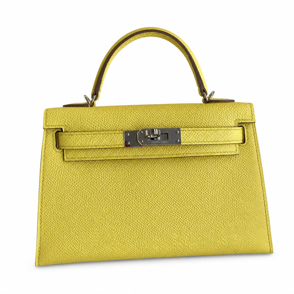 handmade Mini Kelly II 19cm imported Epsom Leather lemon yellow Silver Buckle — Streamlined Mini Handbag