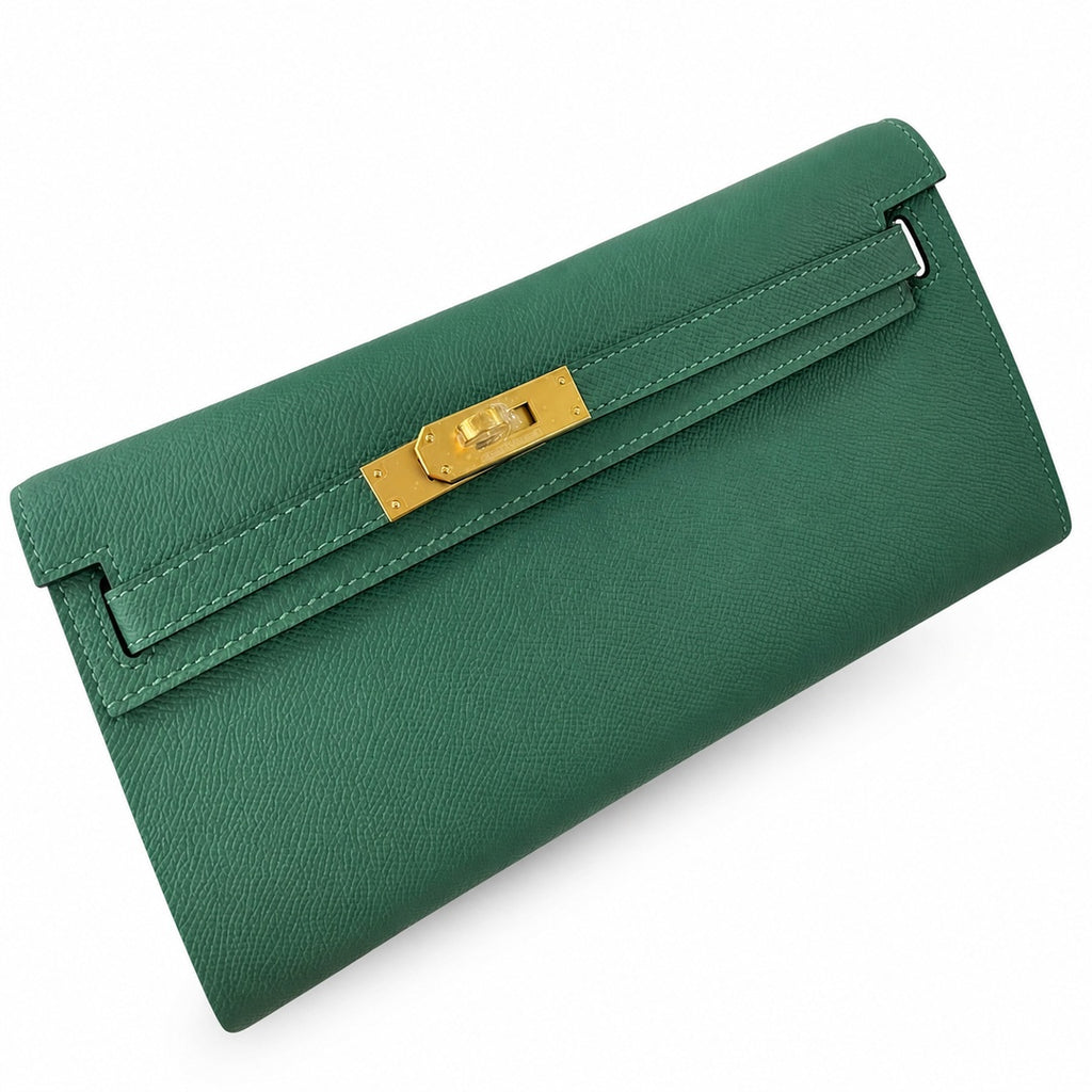 Kelly cut 31 clutch Epsom malachite green Gold Buckle — Refined Flat Clutch