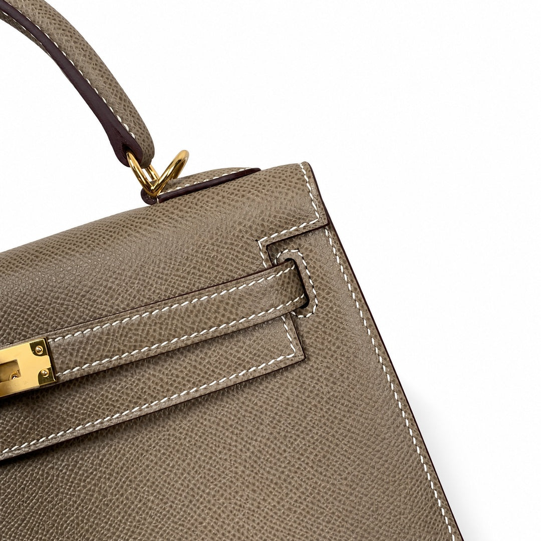 Kelly 25 Elephant Gray Epsom Gold Buckle, fully handmade with wax thread — Classic Hand-Carry Silhouette