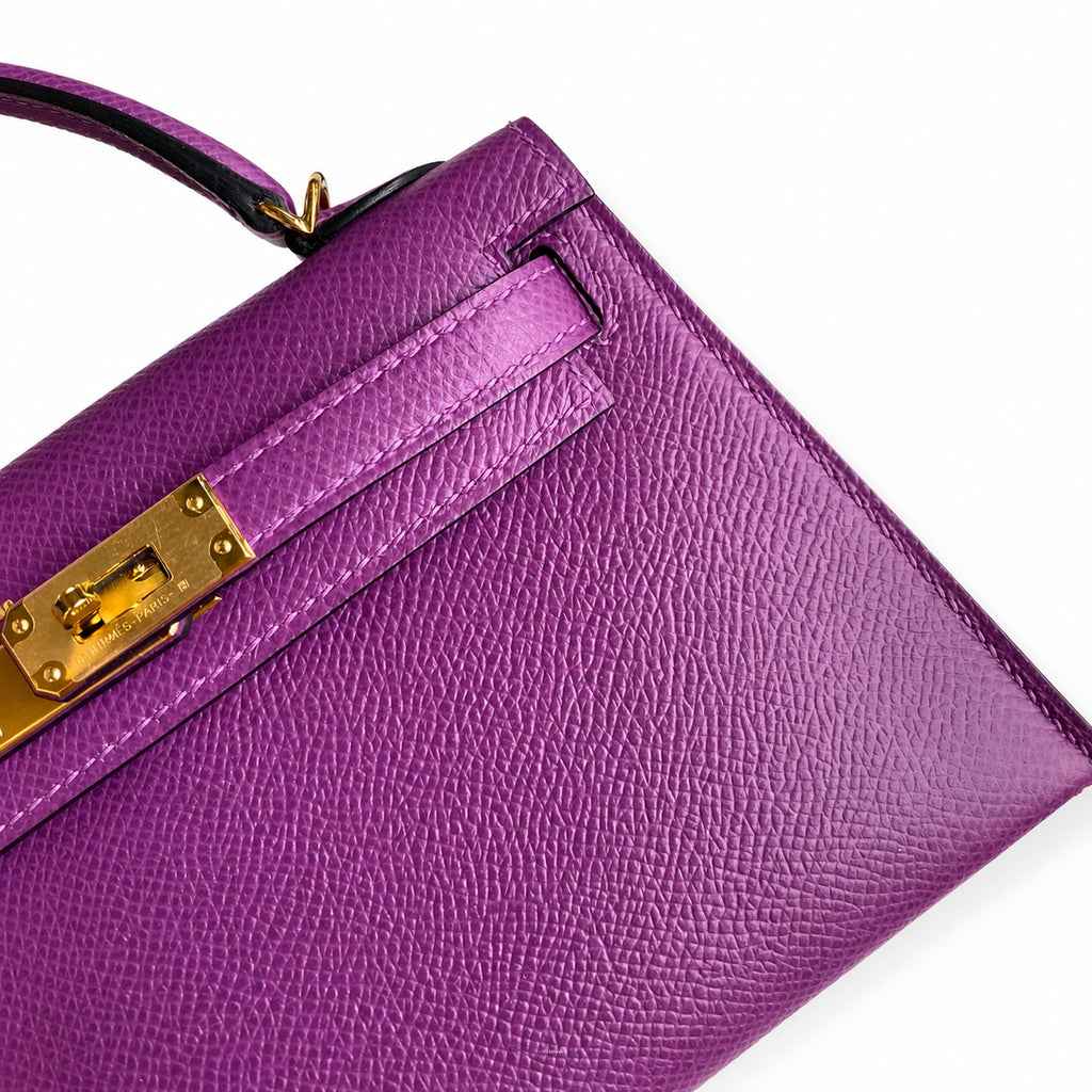 handmade Mini Kelly II 19cm imported Epsom Leather sea anemone purple Gold Buckle — Elegant Compact Carry Style