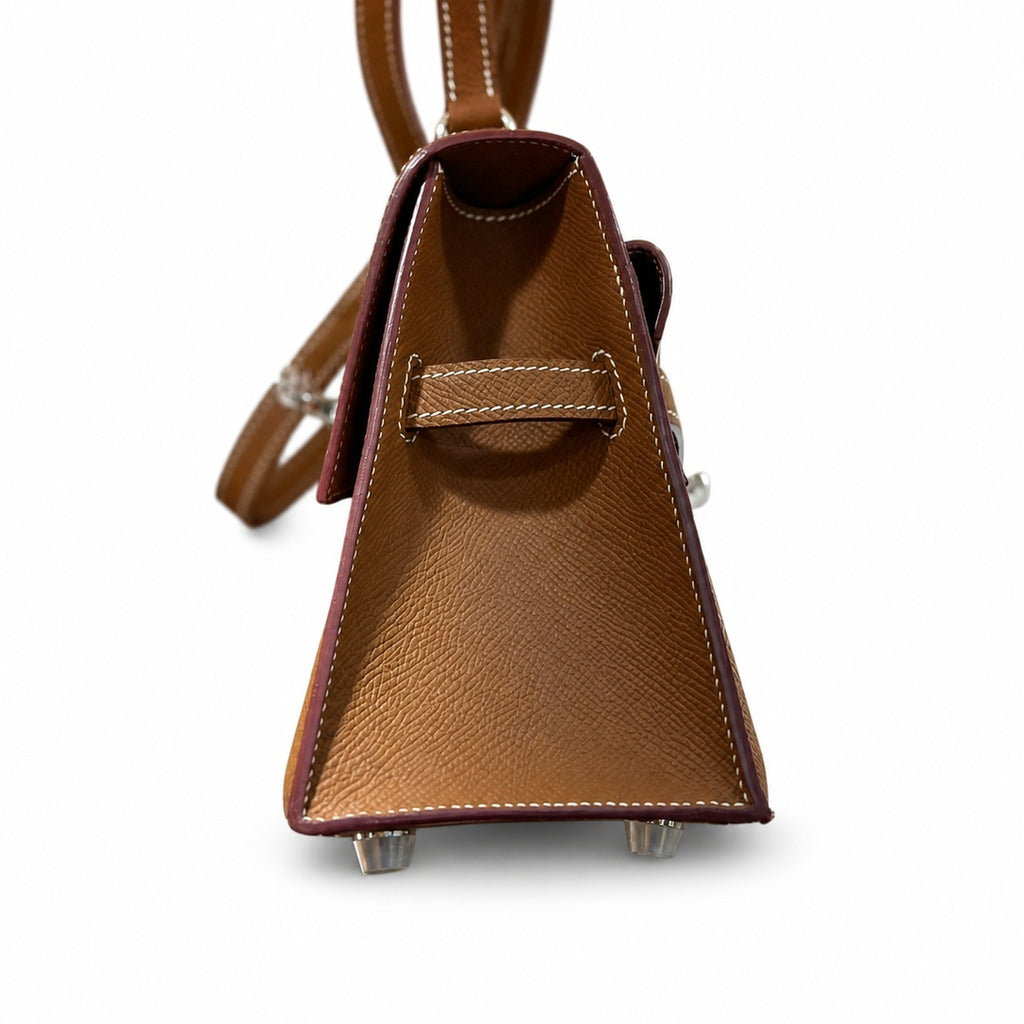Kelly Double-Sided Epsom Leather in Gold Brown with Silver Buckle — Refined Reversible Carry Design
