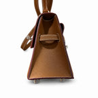 Kelly Double-Sided Epsom Leather in Gold Brown with Silver Buckle — Refined Reversible Carry Design