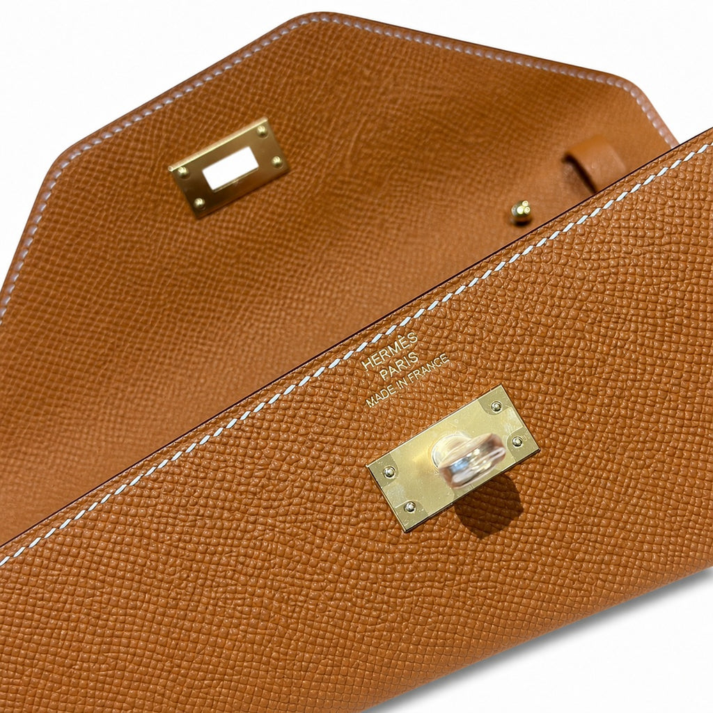 Kelly to go Color: ck37/Gold Size: 19*11.5*1.5cm Leather: Epsom Hardware: Gold Kelly crossbody bag, Golden Brown, cowhide, Gold Buckle, handmade P — Elegant Petite Clutch
