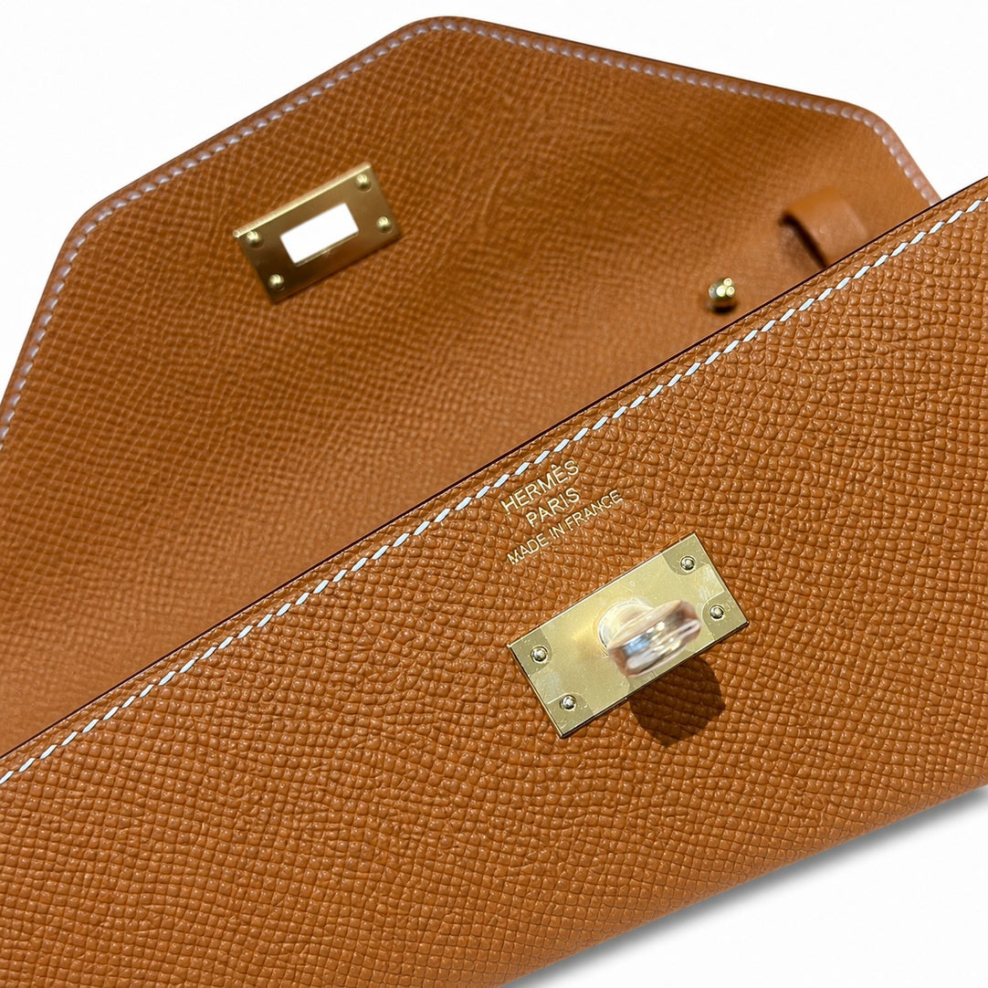 Kelly to go Color: ck37/Gold Size: 19*11.5*1.5cm Leather: Epsom Hardware: Gold Kelly crossbody bag, Golden Brown, cowhide, Gold Buckle, handmade P — Elegant Petite Clutch