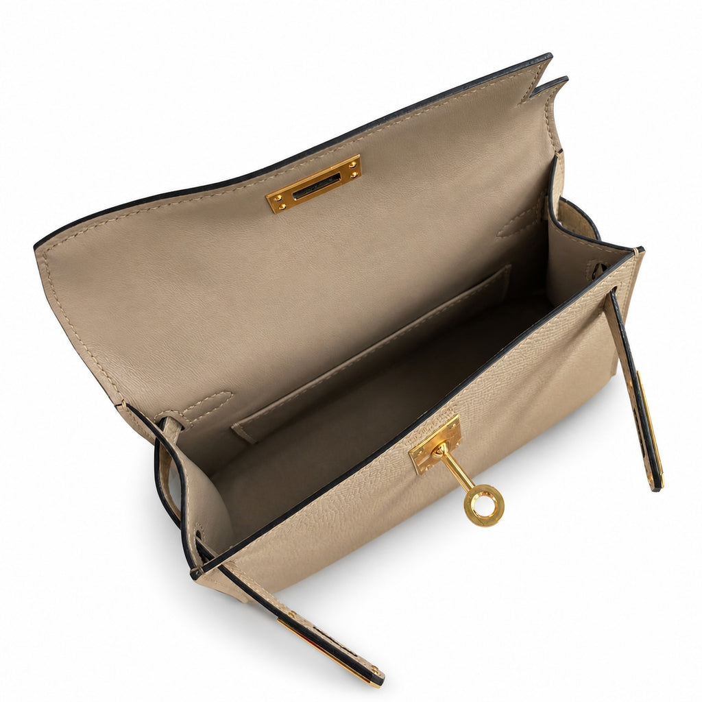 handmade Mini Kelly II 19cm imported Epsom Leather turtle dove gray Gold Buckle — Polished Compact Handbag