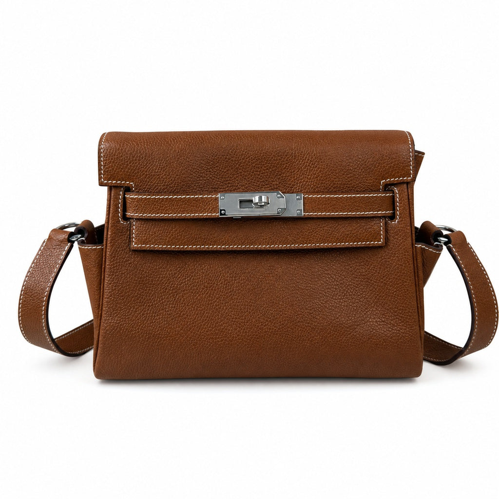 Kelly Messenger messenger bag for men and women, Fubao leather Gold Brown Silver Buckle, imported leather, all-steel hand-waxed thread, the highest — Versatile Structured Bag